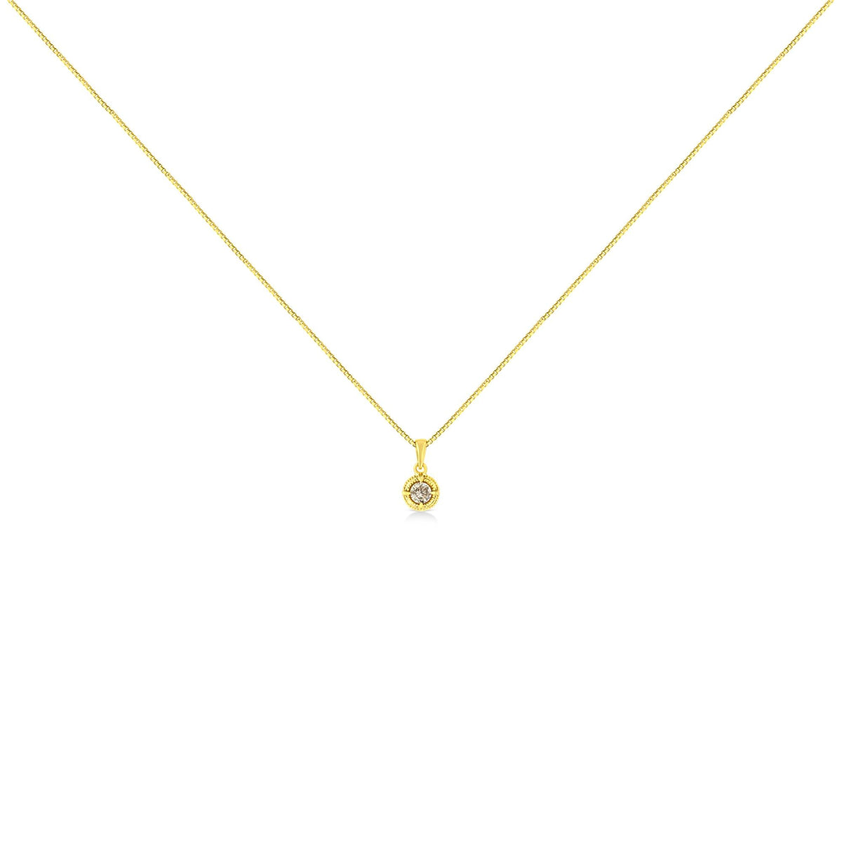14K Yellow Gold Plated .925 Sterling Silver Brilliant Round Cut Diamond Solitaire Milgrain 18" Pendant Necklace