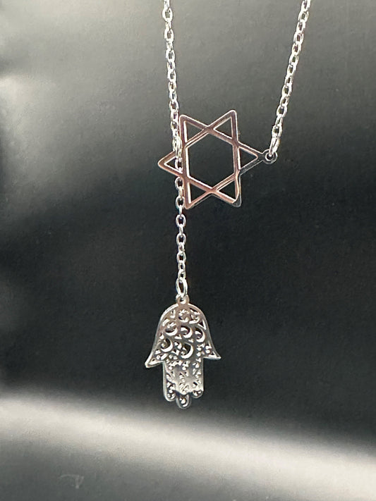 Star of David and Hamsa Drop Necklace