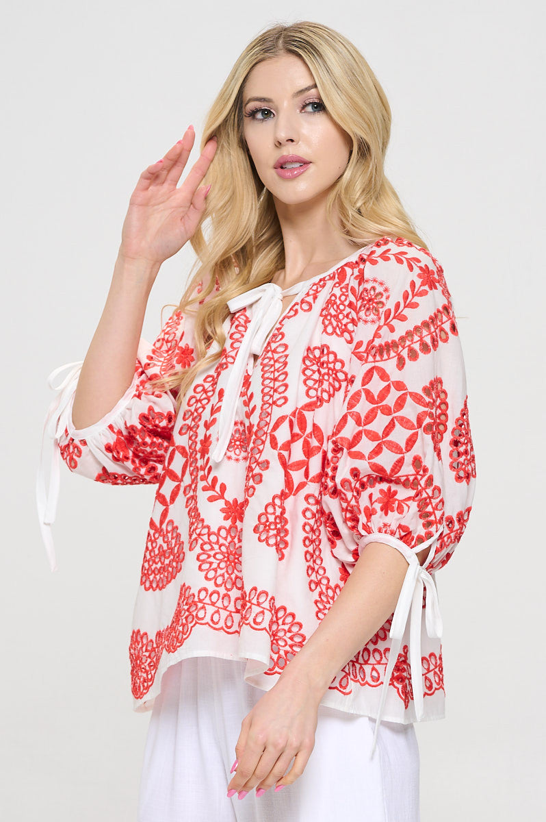 Embroidered Cotton V neck Half Puff Sleeve Top with Tie